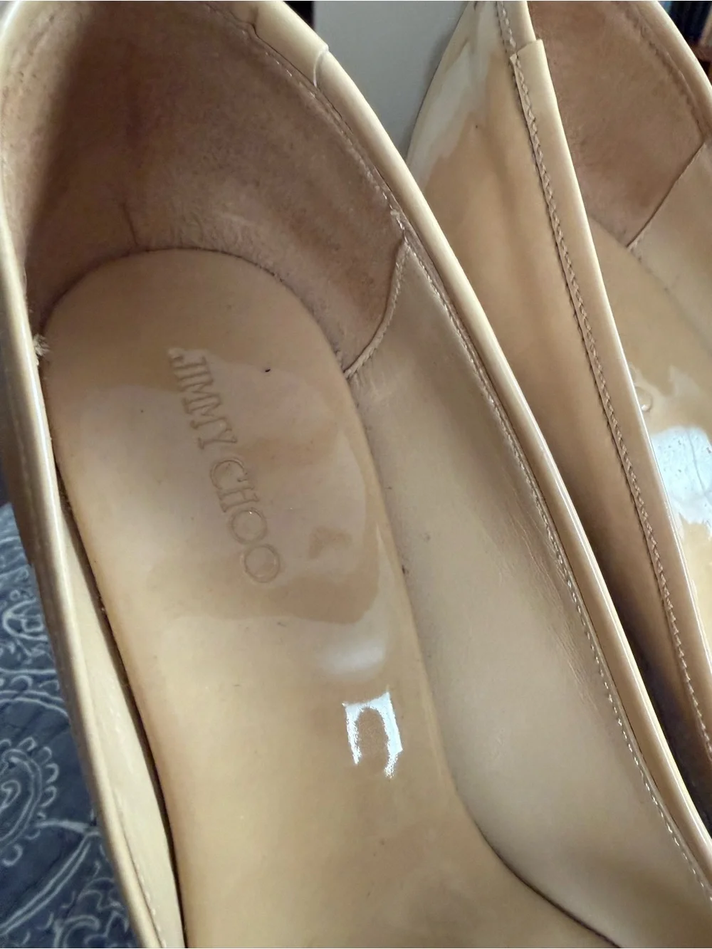 Jimmy Choo Nude Patent Peep-Toe Cork Wedge Pumps